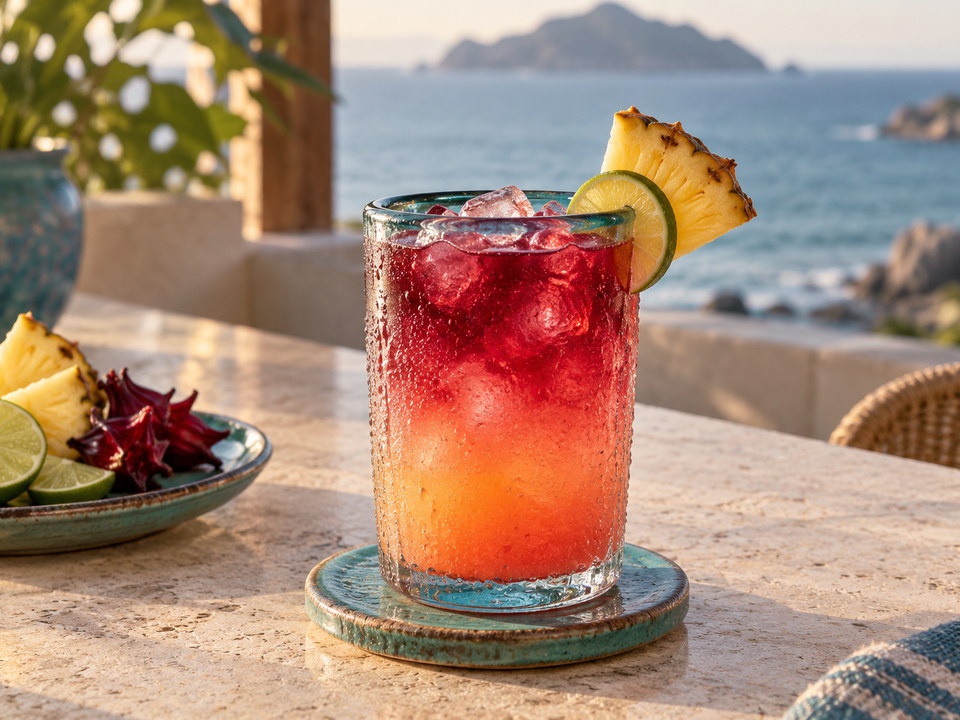 Bebida roja y dorada con piña y cítricos frente al mar