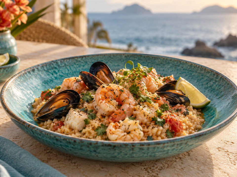 Arroz cremoso con camarones y mejillones en un tazón azul