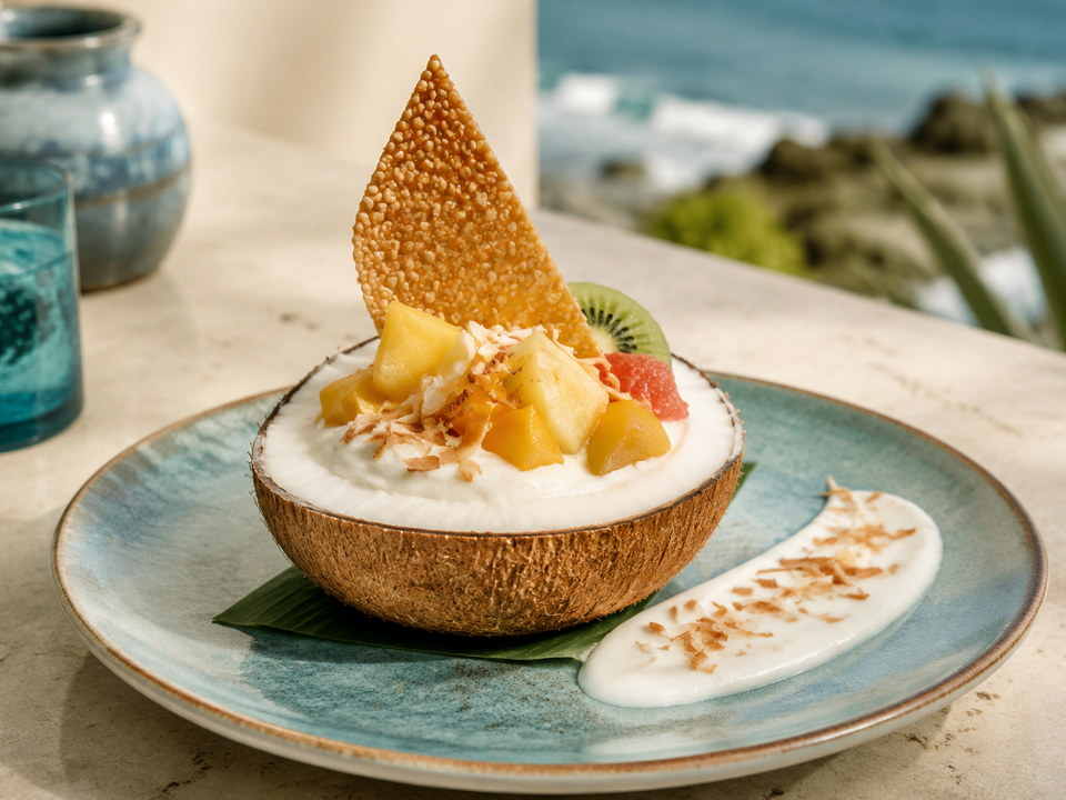 Postre de coco con fruta tropical y crocante de ajonjolí