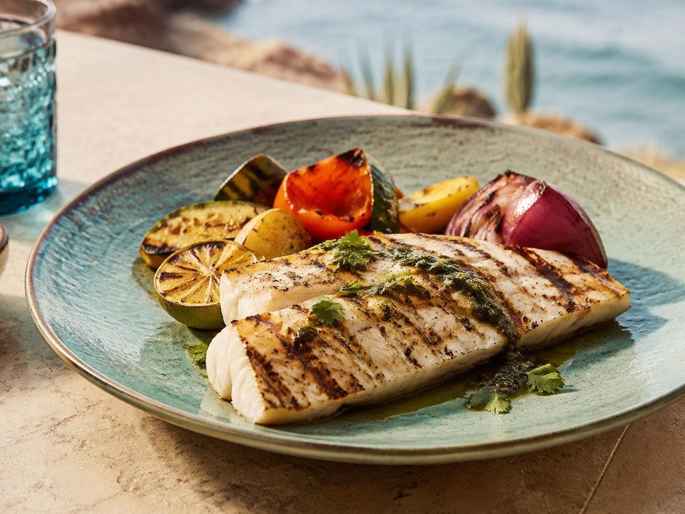 Filete de pescado a las brasas con vegetales asados en plato azul