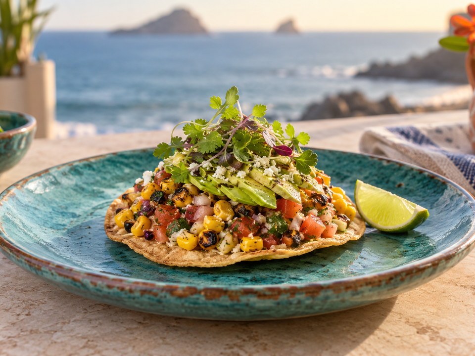Tostada con vegetales, aguacate y hierbas frescas frente al mar