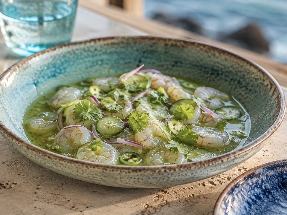 Menú de demostración Costa con un aguachile verde de camarón